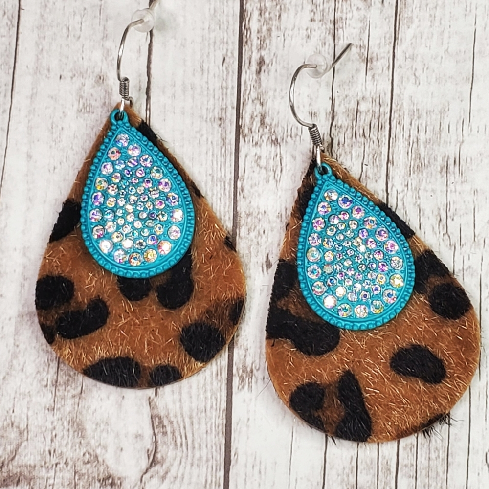 Leopard print bright teal sparkle drop earrings